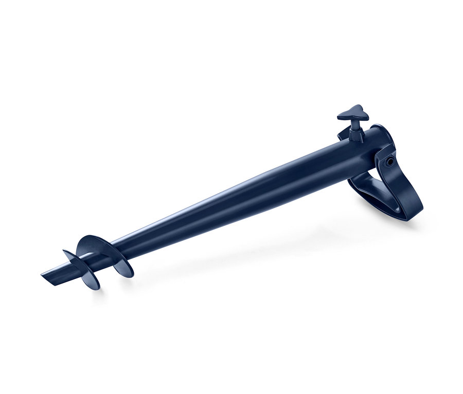 Kék spirálos végű napernyőtartó.