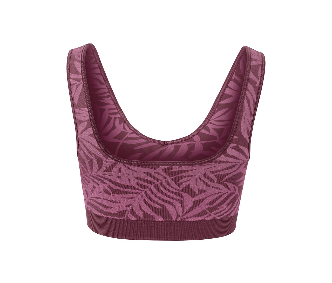 Egy padlizsán színű, levélmintás, női seamless bustier sportmelltartó részletfotója.