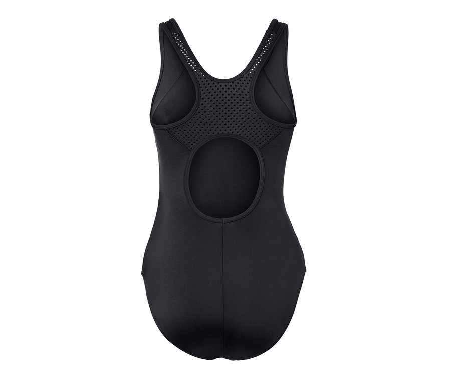 Fekete sport fürdőruha kivágott hátrésszel és hálós betéttel.