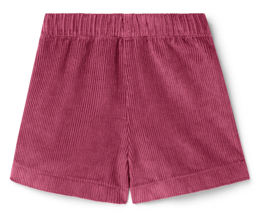 Bordó színű, kordbársony rövidnadrág gumis derékrésszel, fehér háttéren.