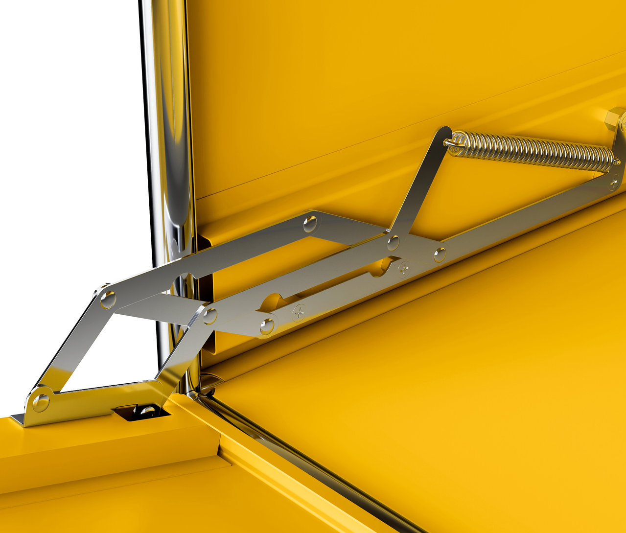 A nyitott, sárga »CN3« fém komód részlete 1 lenyíló ajtóval.