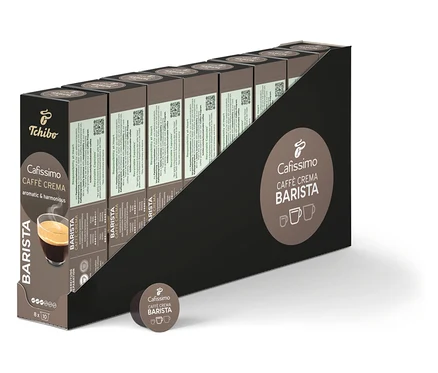 Egy sor Cafissimo BARISTA Caffè Crema kávékapszula csomagolás.