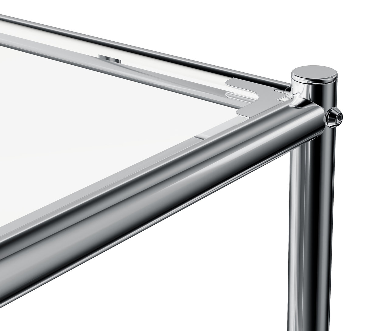 Egy krómozott fémváz részlete fehér lappal.