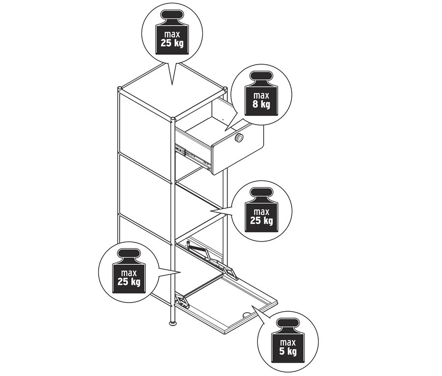 Egy »CN3« keskeny fém komód rajza két fiókkal és 1 lenyíló ajtóval.