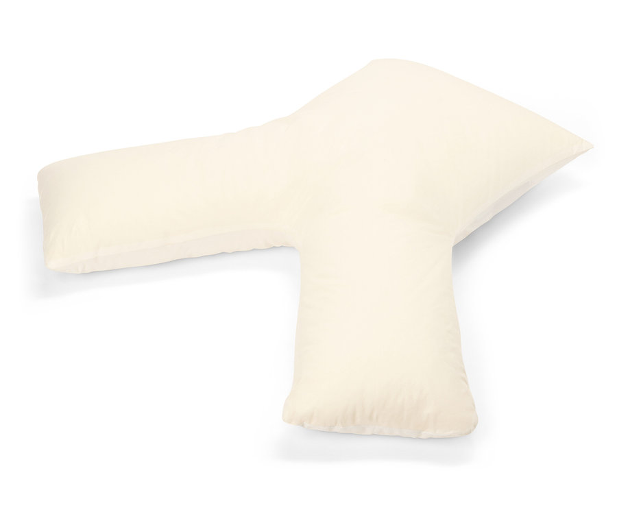 Egy krémszínű, Y alakú párna fehér háttér előtt.
