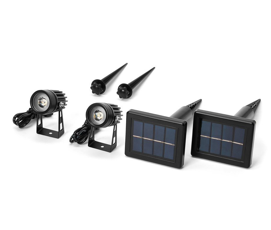 Két napelemes szpotlámpa és két leszúrótüske.