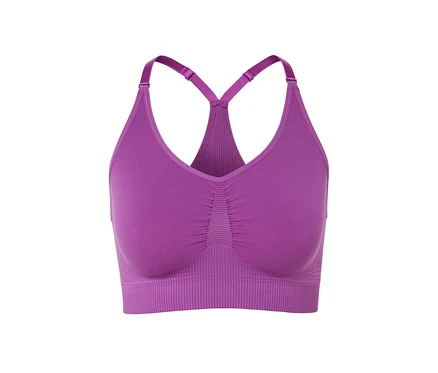 Egy lila varrásmentes bustier sportmelltartó.