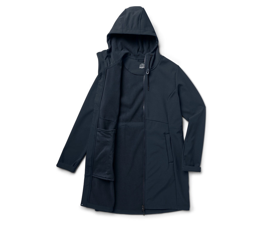 Tengerészkék, cipzáros, kapucnis kabát.