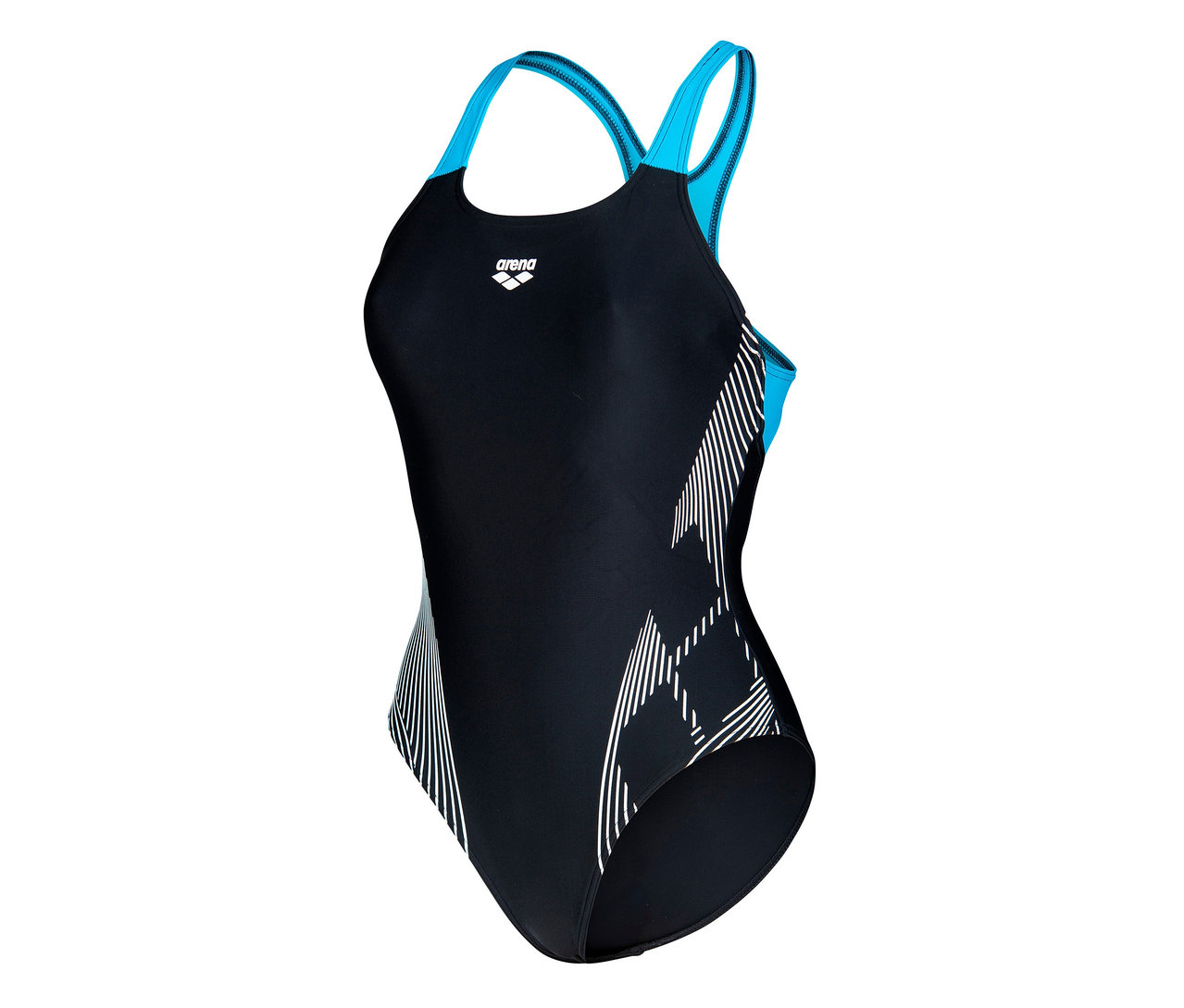 arena Feel márkájú Lily Swim Pro Back Bustier női fürdőruha fekete-türkiz színben, fehér geometriai mintázattal.