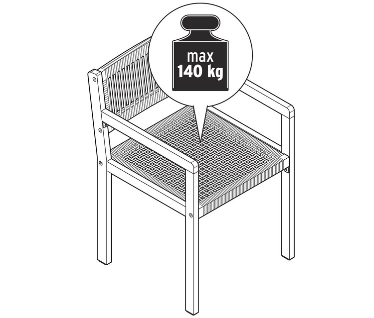 Egy textilhálós ebédlőszék illusztrációja, maximum 140 kg terhelhetőséggel.