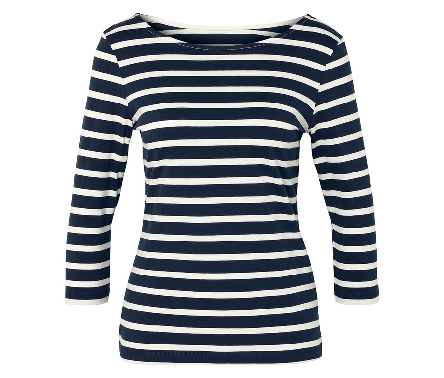 Kék-fehér csíkos, háromnegyedes ujjú felső.
