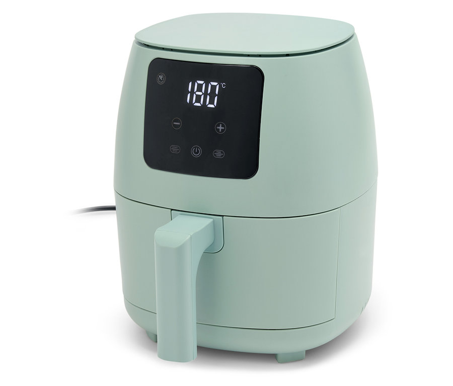 Világoszöld forrólevegős fritőz digitális kijelzővel, amely 180 fokot mutat.
