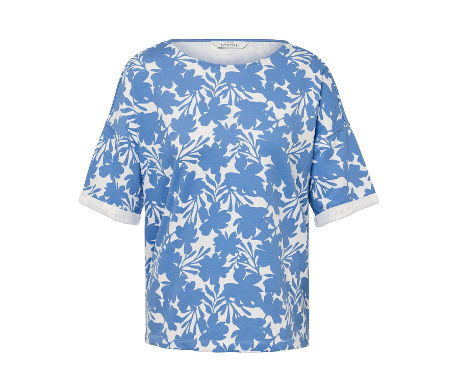 Világoskék, virágmintás szabadidőfelső.