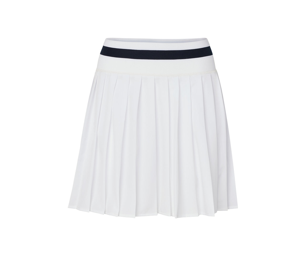 Fehér teniszszoknya sötétkék csíkkal a derékrészen.