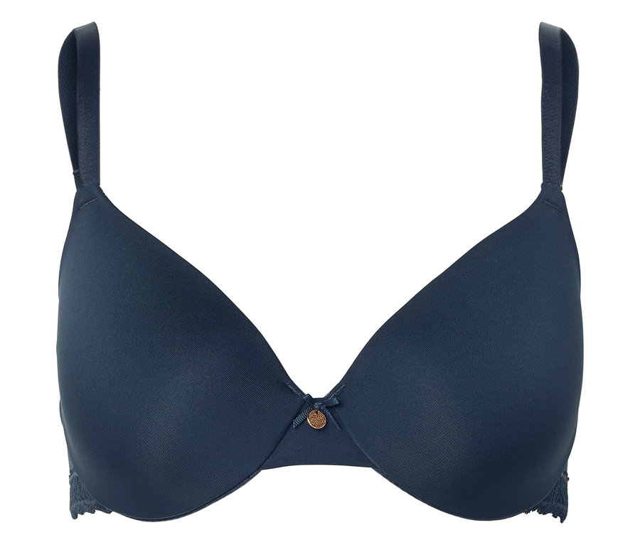 Sötétkék melltartó vékony pántokkal és egy kis dekoratív részlettel a közepén.