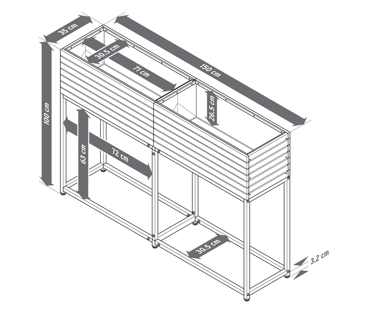 Felülnézet az »Elin« keskeny magaságyás méreteiről.