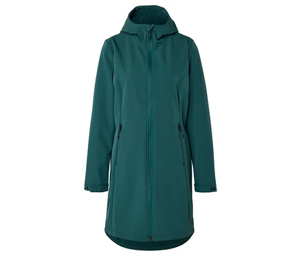 Zöld, hosszú softshell kabát kapucnival és elöl cipzárral.