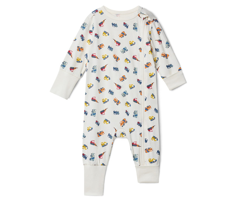 Fehér, építőipari teherautó mintás, elöl cipzáras baba hálóruha.