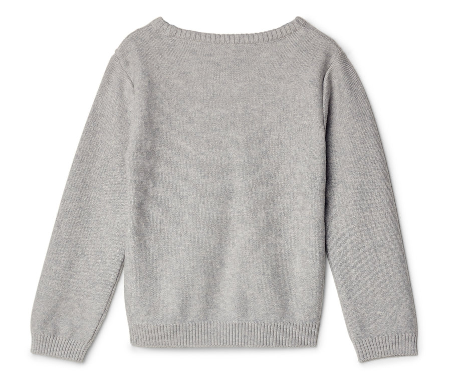 Szürke pulóver, hátulról fényképezve, hosszú ujjakkal és bordázott aljával.