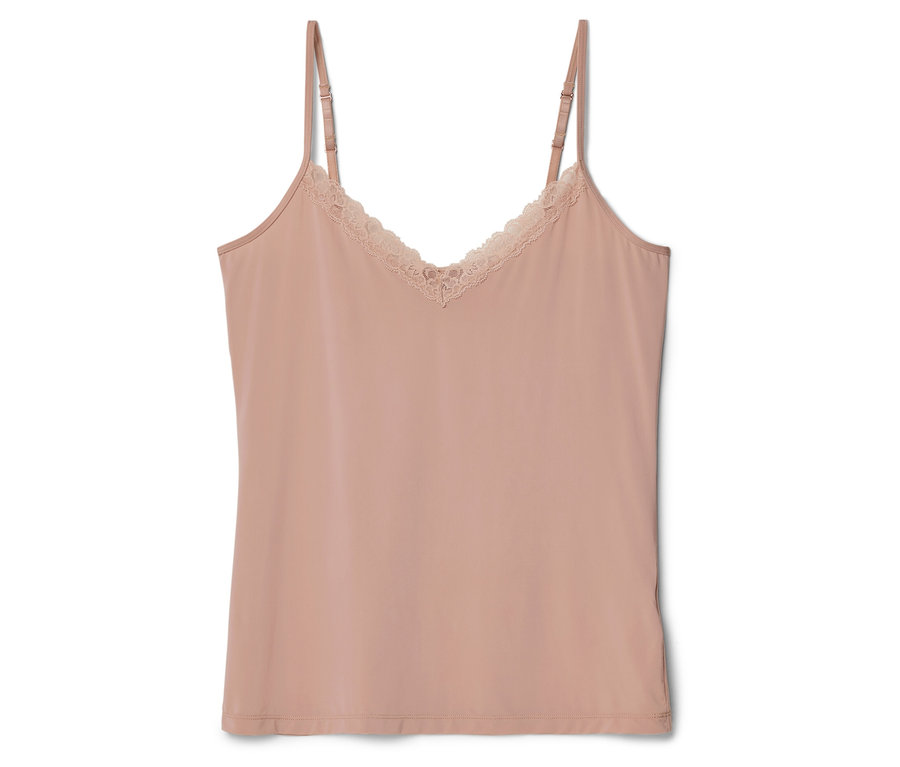 Egy rózsaszín, csipkés, spagetti pántos felső fekszik egy fehér háttéren.