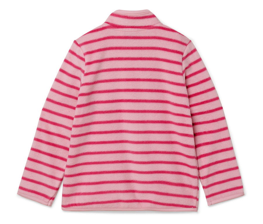 Hátulnézet egy rózsaszín-piros csíkos, galléros polár pulóverről.