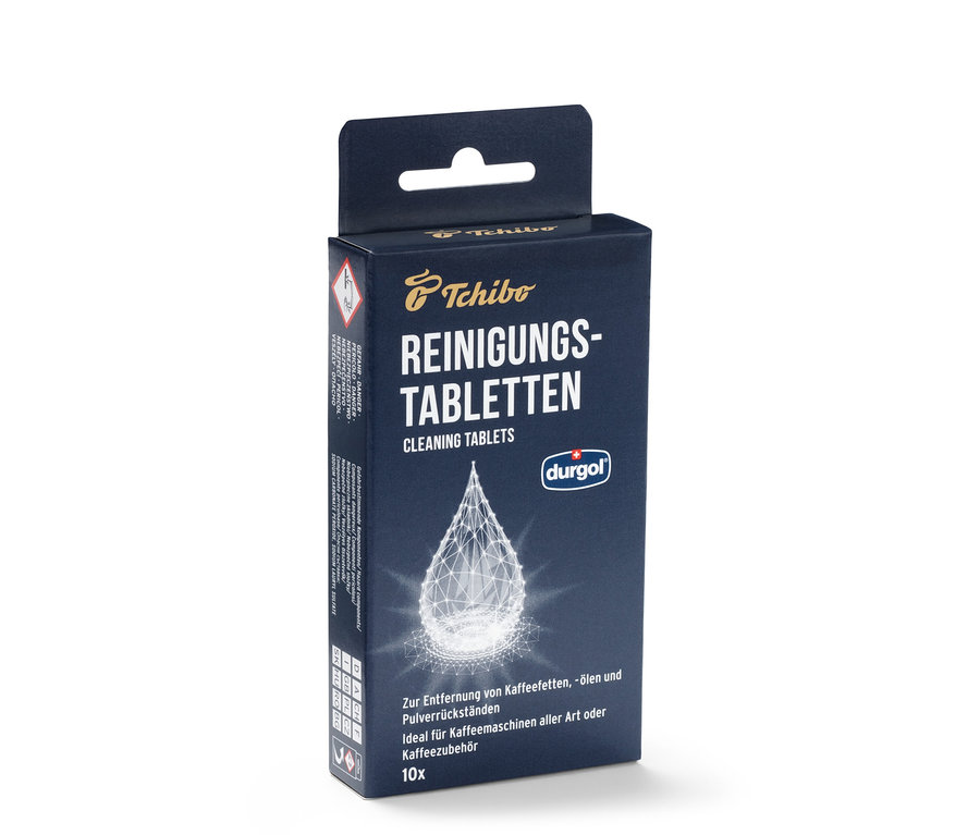 A Tchibo durgol® kávéolaj-eltávolító tisztítótablettáinak csomagolása.