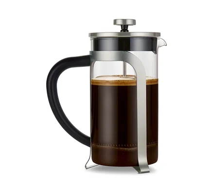Egy ezüst színű, 800 ml-es, 6 csészés dugattyús kávéfőző.