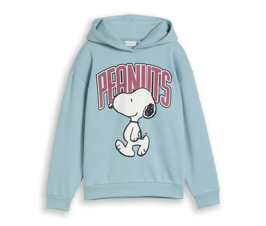 Világoskék kapucnis pulóver Snoopy mintával és 'PEANUTS' felirattal.