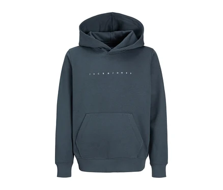 Sötétszürke Jack&Jones Star kapucnis szabadidőfelső kapucnival, kenguru zsebbel és fehér Jack&Jones logóval a mellkason.
