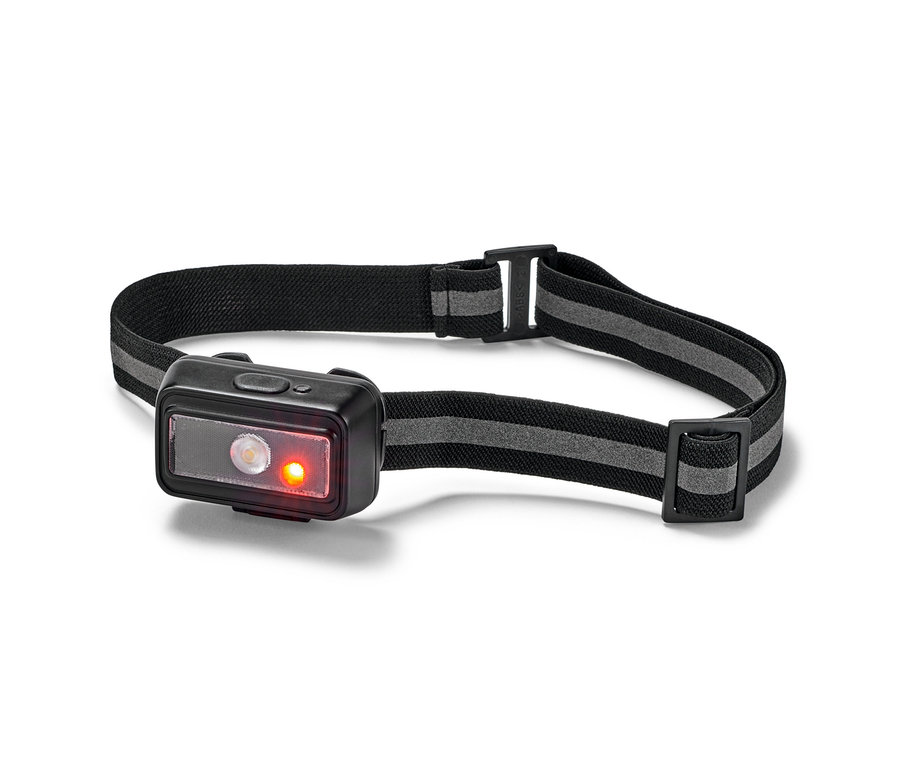 Kompakt, fekete, elasztikus pánttal és világító LED-ekkel ellátott LED-es fejlámpa közelről.