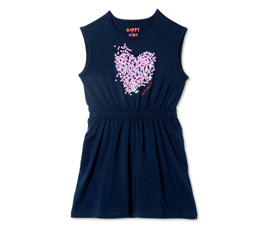 Sötétkék, flitteres szívvel díszített lány ruha.