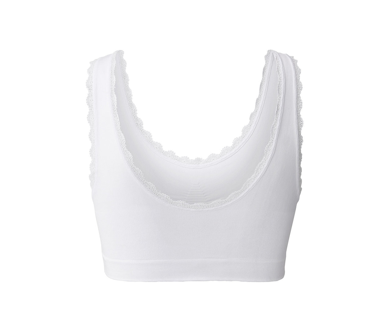 Egy fehér, csipkés szegélyű, női seamless bustier melltartó részletfotója.