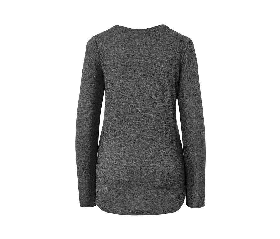 Hátulnézet a melírozott, antracit színű női hosszú ujjú sportfelsőről.