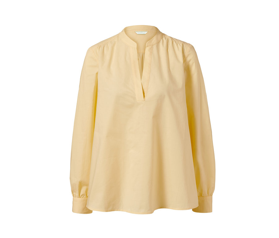 Sárga, hosszú ujjú, V-nyakú poplin blúz.
