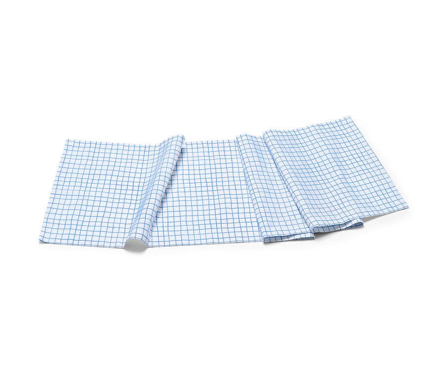 Kockás, fehér/kék asztali futó.