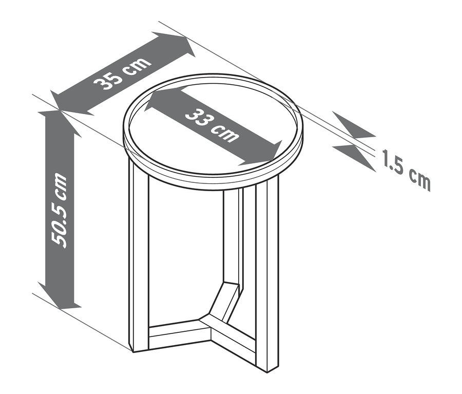 Egy kerek asztal diagramja méretekkel.
