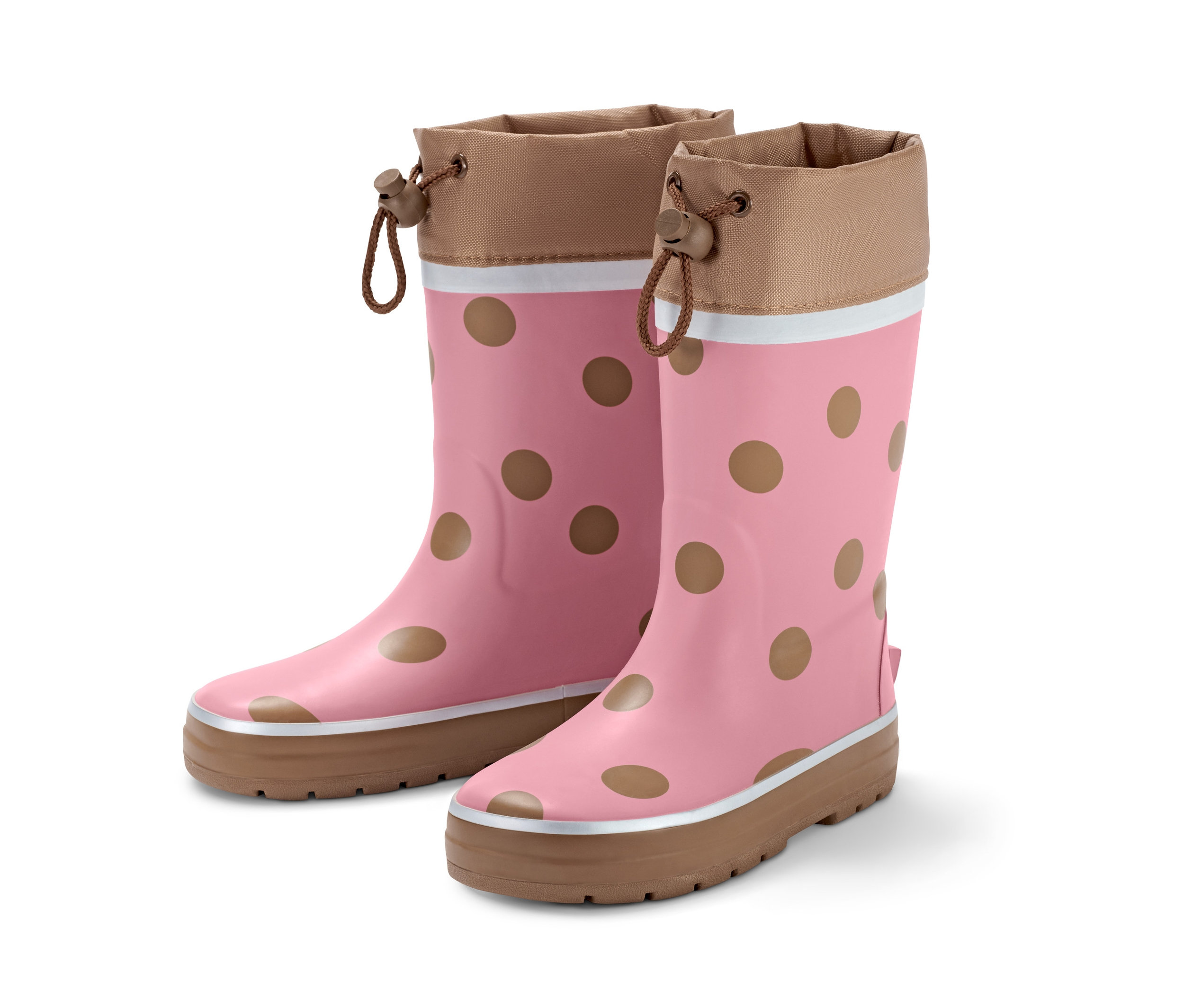 Két gumicsizma barna pöttyökkel rózsaszín háttéren.