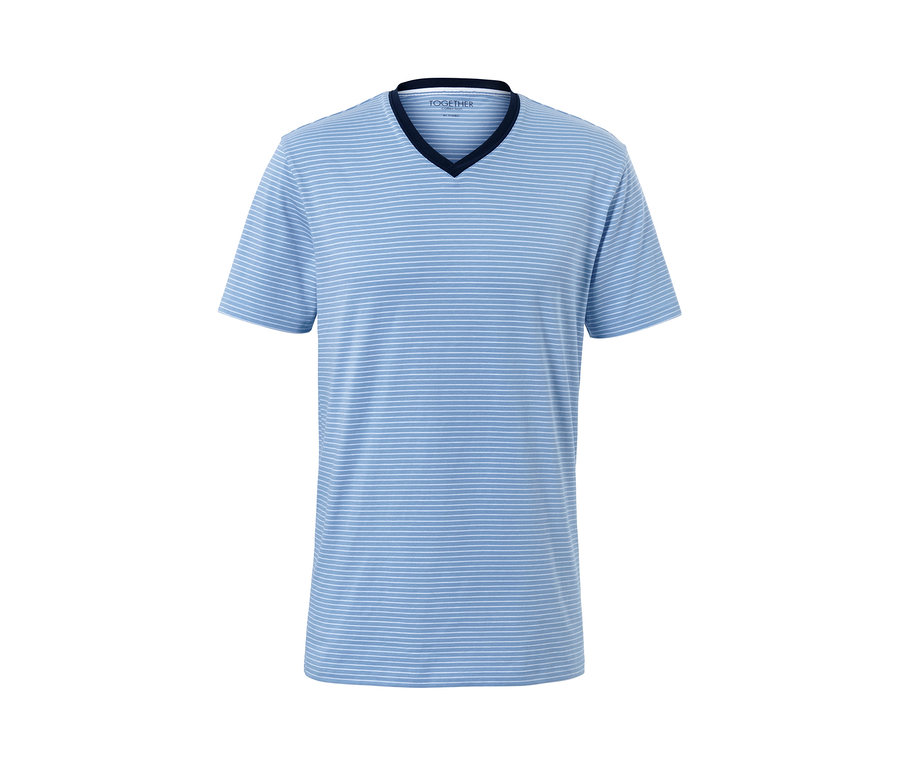 Kék csíkos, V-nyakú férfi rövidnadrágos pizsama.