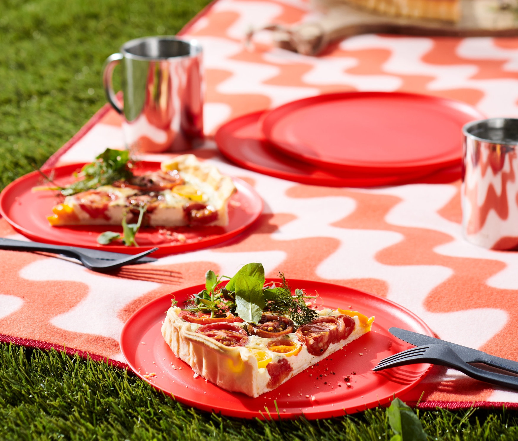 A fűben egy hullámos mintázatú takaró van. A takarón 4 piros pikniktányér étellel, két bögre és evőeszközök találhatók. A háttérben egy hátizsák és további ételek láthatók.