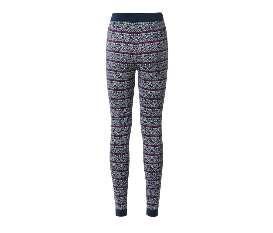 Női kötött leggings, mintás, sötétkék, geometrikus mintával.