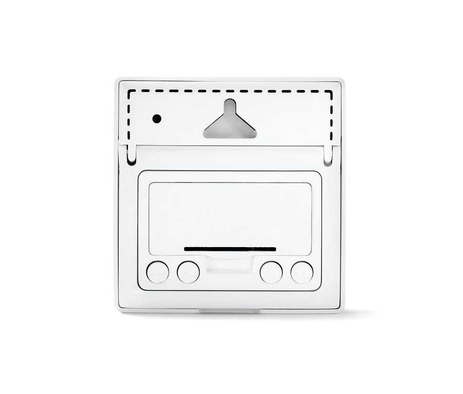 Fehér időjárásjelző állomás kijelzővel és három kerek gombbal.