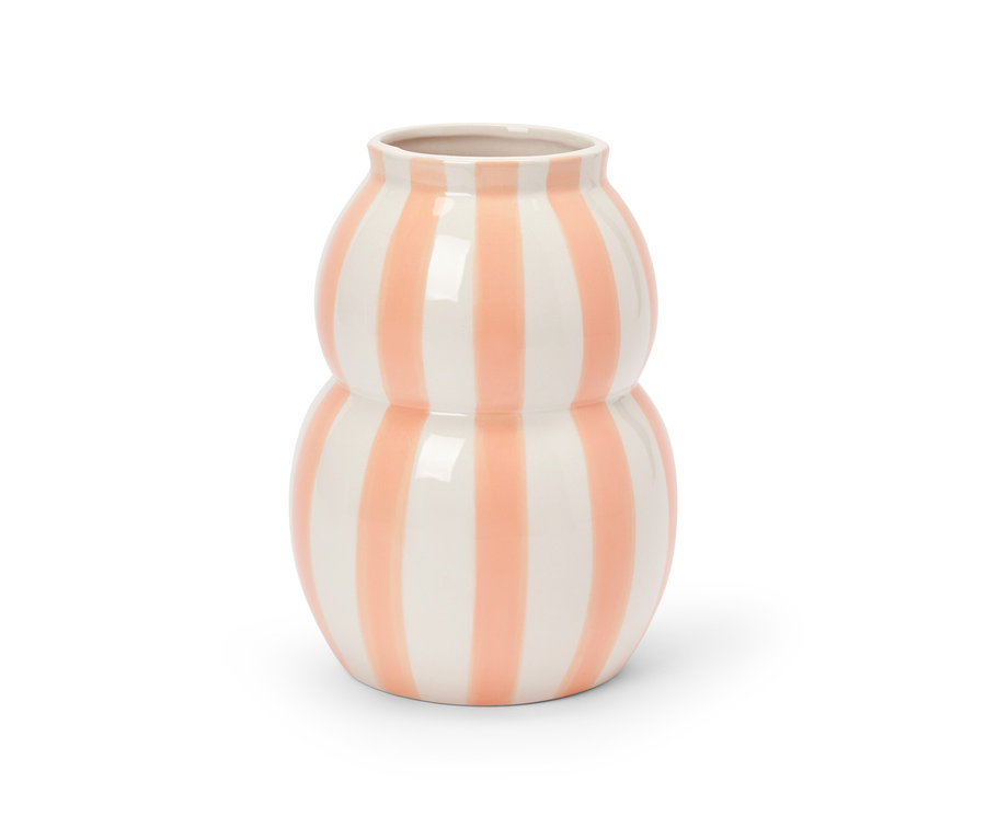 Egy kis váza rózsaszín csíkokkal fehér háttéren.