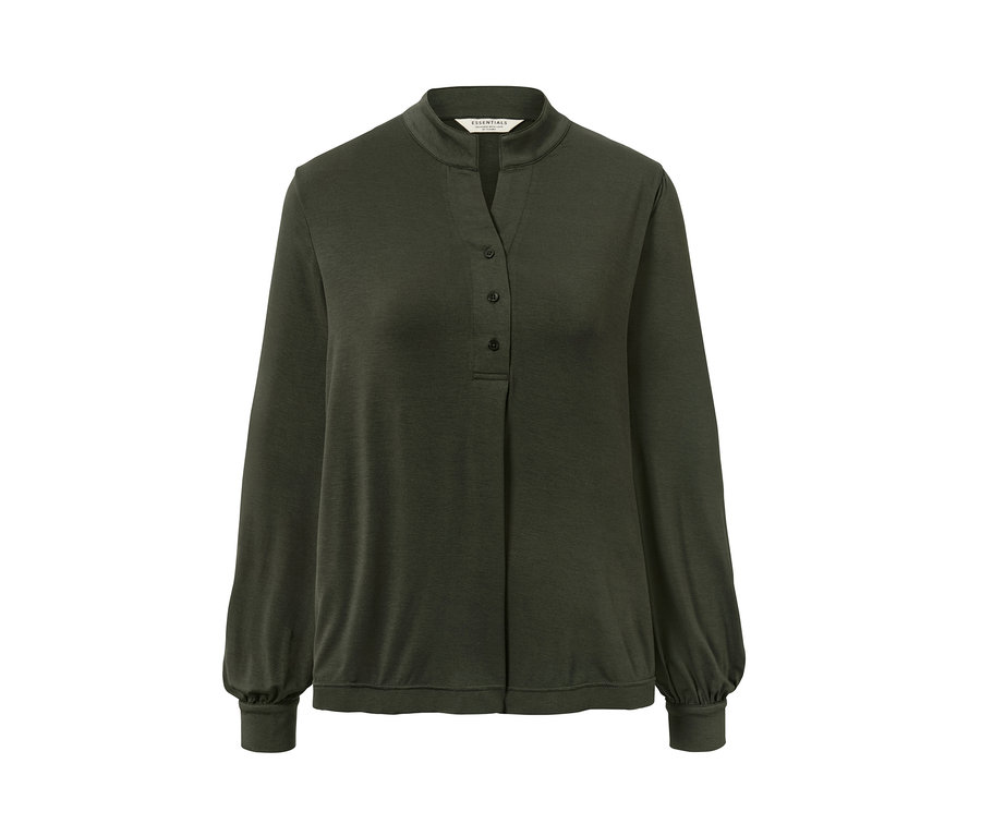 Olívazöld, hosszú ujjú női pólóblúz gombokkal.