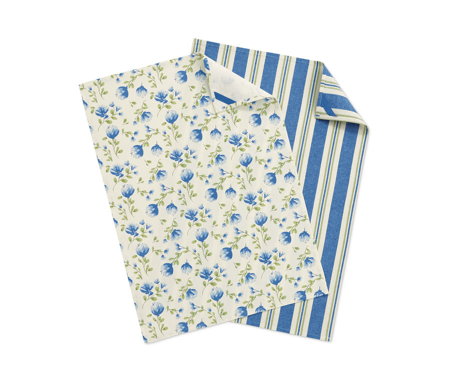 Két konyharuha: az egyik virágmintás, a másik kék-zöld csíkos.