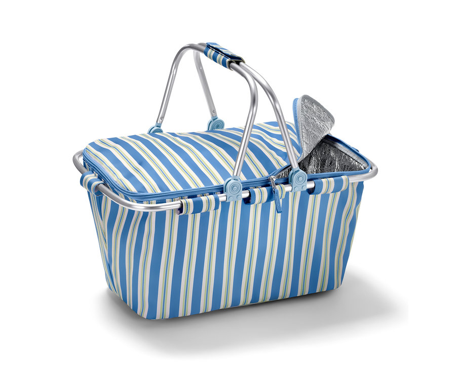 Csíkos hűtőkosár alumínium fogantyúval és részben nyitott fedéllel.