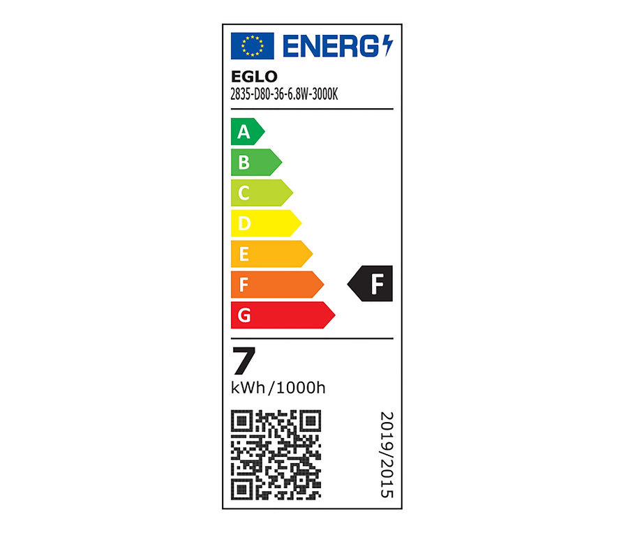 A 4 ággal rendelkező LED-es függőlámpa energiacímkéje, F energiaosztály, 7 kWh/1000h.