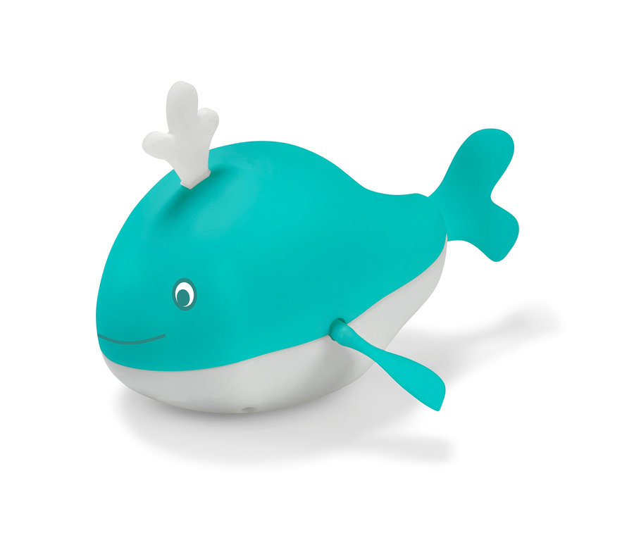 Türkiz-fehér felhúzható bálna fürdőjáték.