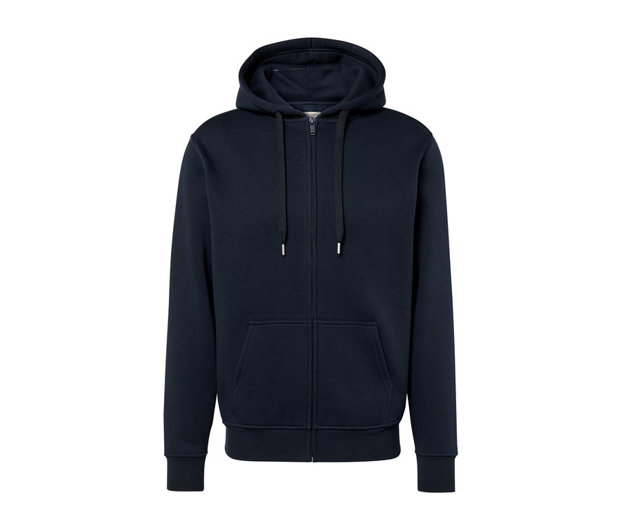 Egy sötétkék, középen cipzáras kapucnis pulóver.