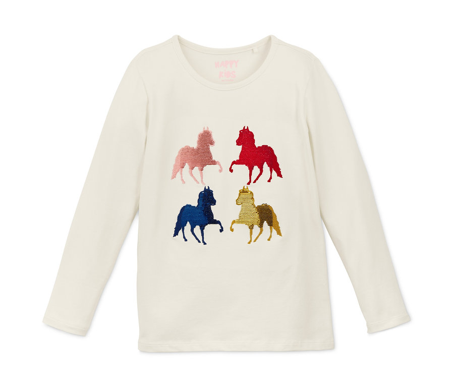 Fehér, hosszú ujjú felső, lovas mintával.