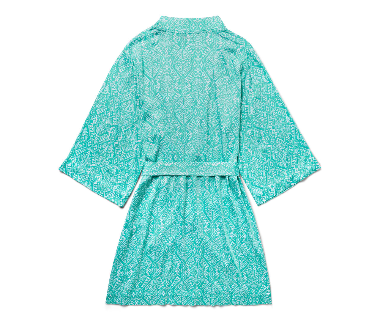 Türkiz köntös fehér mintával, hátulnézet.
